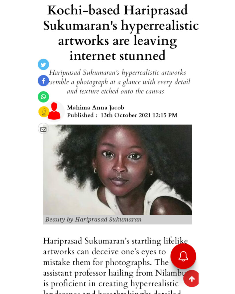 news on Hariprasad sukumaran indias best hyper realistic artist Hariprasad Sukumaran News and Article